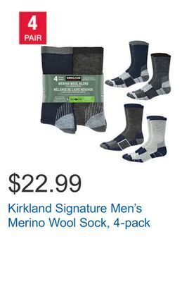 Costco Kirkland signature men's merino wool sock, 4-pack offer