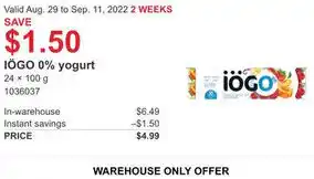 Costco Iögo 0% Yogurt offer