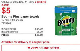 Costco Bounty Plus Paper Towels offer