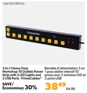 Shopper+ 3-in-1 heavy duty workshop 10 outlets power strip with 2 led lights and 2 usb ports - primecables offer