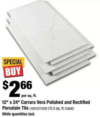 Home Depot 12" x 24" carrara vera polished and rectified porcelain tile offer