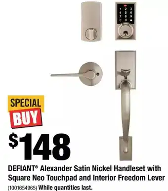 Home Depot Defiant alexander satin nickel handleset with square neo touchpad and interior freedom lever offer