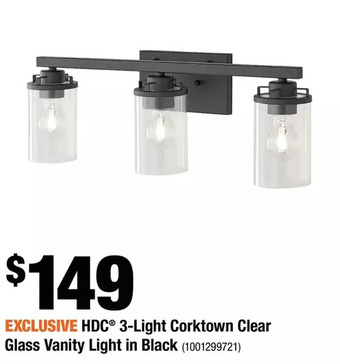 Home Depot Hdc 3-light corktown clear glass vanity light in black offer