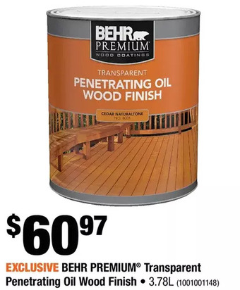 Home Depot Behr premium transparent penetrating oil wood finish offer
