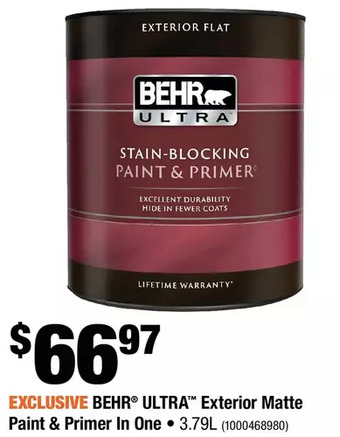 Home Depot Behr ultra exterior matte paint & primer in one offer