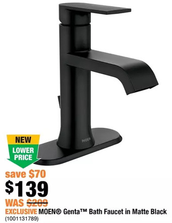 Home Depot Moen genta bath faucet in matte black offer