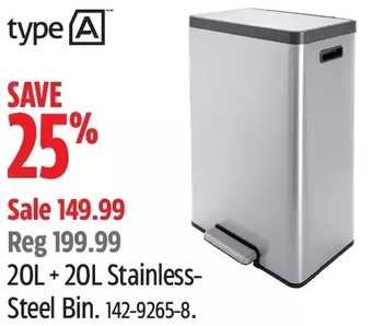 Canadian Tire Type a 20l +20l stainless-steel bin offer