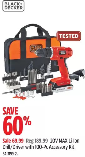 Canadian Tire Black + decker 20v max li-ion drill/driver with 100-pc accessory kit offer