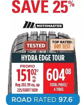 Canadian Tire Motomaster hydra edge tour tires offer