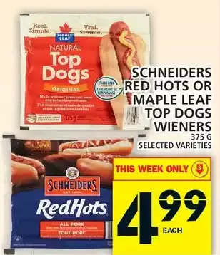 Food Basics Schneiders red hots or maple leaf top dogs wieners offer