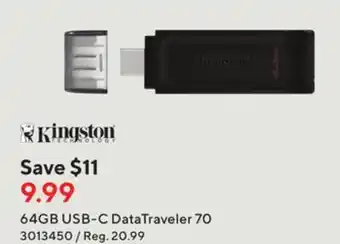 Staples Kingston 64gb usb-c data traveler 70 offer
