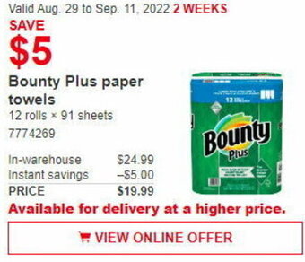 Costco Bounty Plus Paper Towels offer