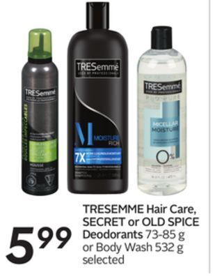 Sobeys Tresemme hair care, secret or old spice deodorants offer