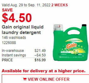 Costco Gain Original Liquid Laundry Detergent offer