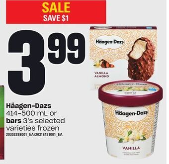 Loblaws Häagen-dazs, 414-500 ml or bars, 3's offer