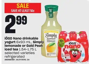Loblaws Iögo nano drinkable yogurt, 6x93 ml, simply lemonade or gold peak iced tea, 1.54-1.75 l offer