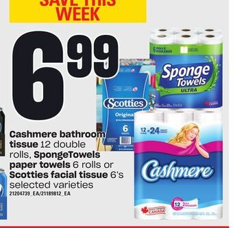 Loblaws Cashmere bathroom tissue, 12 double rolls, spongetowels paper towels, 6 rolls or scotties facial tissue, 6's offer