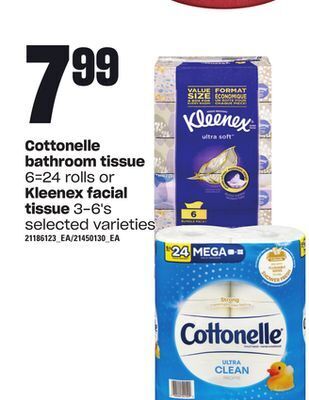 Loblaws Cottonelle bathroom tissue, 6=24 rolls or kleenex facial tissue, 3-6's offer
