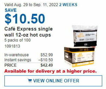 Costco Café Express Single Wall 12-oz Hot Cups offer