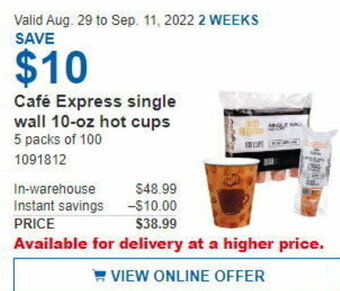 Costco Café Express Single Wall 10-oz Hot Cups offer
