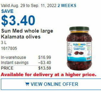 Costco Sun Med Whole Large Kalamata Olives 3L offer