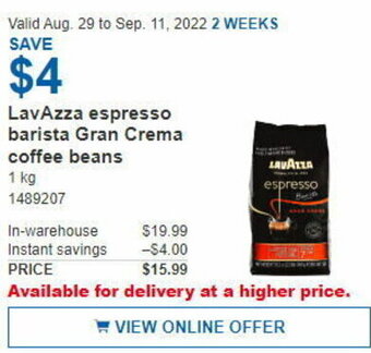 Costco LavAzza Espresso Barista Gran Crema Coffee Beans 1 kg offer