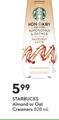 Sobeys Starbucks almond or oat creamers offer