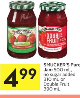 Foodland Smucker's pure jam 500 ml, no sugar added 310 ml or double fruit 390 ml offer
