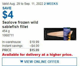 Costco Sealove Frozen Wild Sablefish Fillet 454 g offer