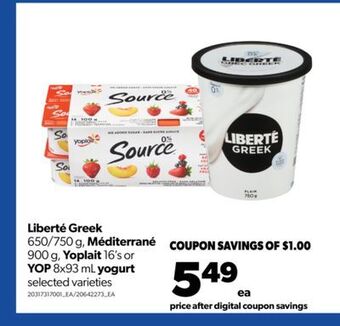 Real Canadian Superstore Liberté greek, 650/750 g, méditerrané, 900 g, yoplait 16's or yop, 8x93 ml yogurt offer