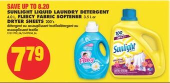 No Frills Sunlight liquid laundry detergent, 4.0 l, fleecy fabric softener, 3.5 l or dryer sheets, 200's offer