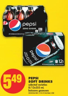 No Frills Pepsi soft drinks, 8/12x355 ml offer