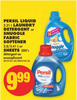 No Frills Persil liquid, 2.21 l laundry detergent or snuggle fabric softener, 2.8/3.41 l or sheets, 200's offer
