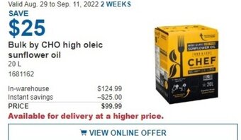 Costco Bulk by CHO High oleic sunflower Oil 20L offer