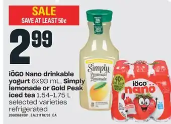 Independent Grocer Iögo nano drinkable yogurt, 6x93 ml, simply lemonade or gold peak iced tea, 1.54-1.75 l offer