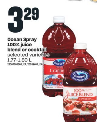 Independent Grocer Ocean spray 100% juice blend or cocktail, 1.77-1.89 l offer