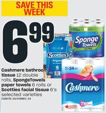 Independent Grocer Cashmere bathroom tissue, 12 double rolls, spongetowels paper towels, 6 rolls or scotties facial tissue, 6's offer
