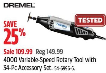 Canadian Tire Dremel 4000 variable-speed rotary tool with 34-pc accessory set offer