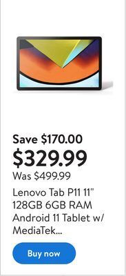 Walmart Lenovo tab p11 11" 128gb 6gb ram android 11 tablet w/ mediatek helio g90t processor | slate ( brand new) offer