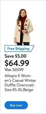 Walmart Allegra k women's casual winter duffle overcoat|size:xs-xl|beige offer