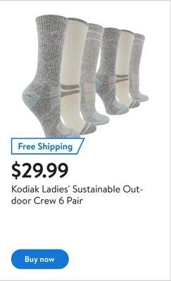 Walmart Kodiak ladies' sustainable outdoor crew 6 pair offer