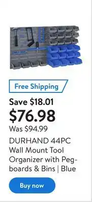 Walmart Durhand 44pc wall mount tool organizer with pegboards & bins | blue offer