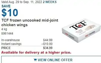 Costco TCF Frozen Uncooked Mid-Joint Chicken Wings 4 kg offer