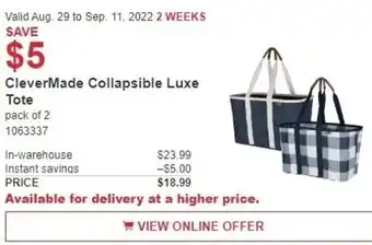 Costco Clevermade Collapsible Luxe Tote offer