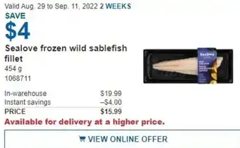 Costco Sealove Frozen Wild Sablefish Fillet 454 g offer