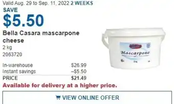 Costco Bella Casara Mascarpone Cheese 2 kg offer