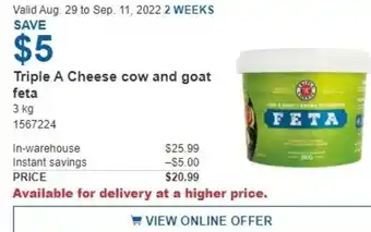 Costco Triple A Cheese Cow and Goat Feta 3 kg offer