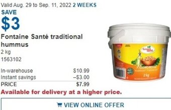 Costco Fontaine Santé Traditional Hummus 2 kg offer