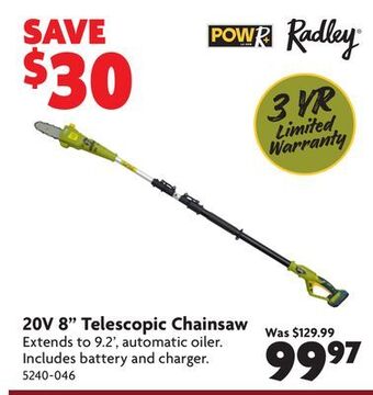 Home Hardware 20v 8" telescopic chainsaw offer