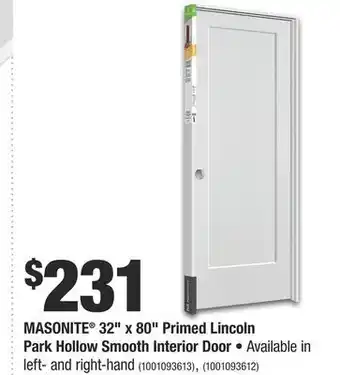 Home Depot Masonite® 32" x 80" primed lincoln park hollow smooth interior door offer